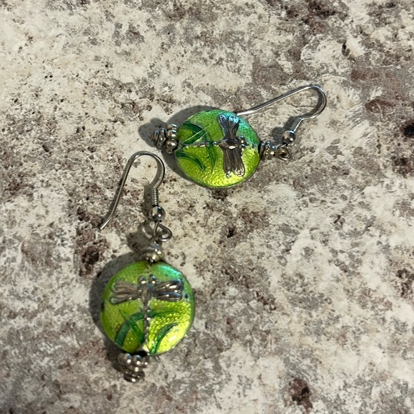 Silver Tone and Green Dragonfly Earrings - Picture 5 of 5